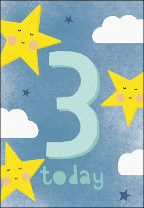 Birthday Card - Age 3: Blue Sky with clouds and stars